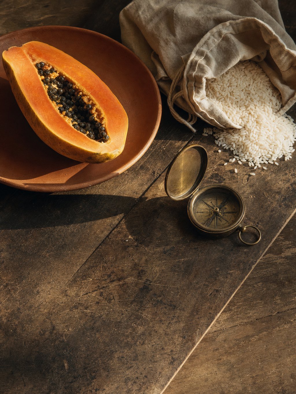 A halved papaya on a clay plate, rice spilling from a linen bag and an old brass compass on a wooden table