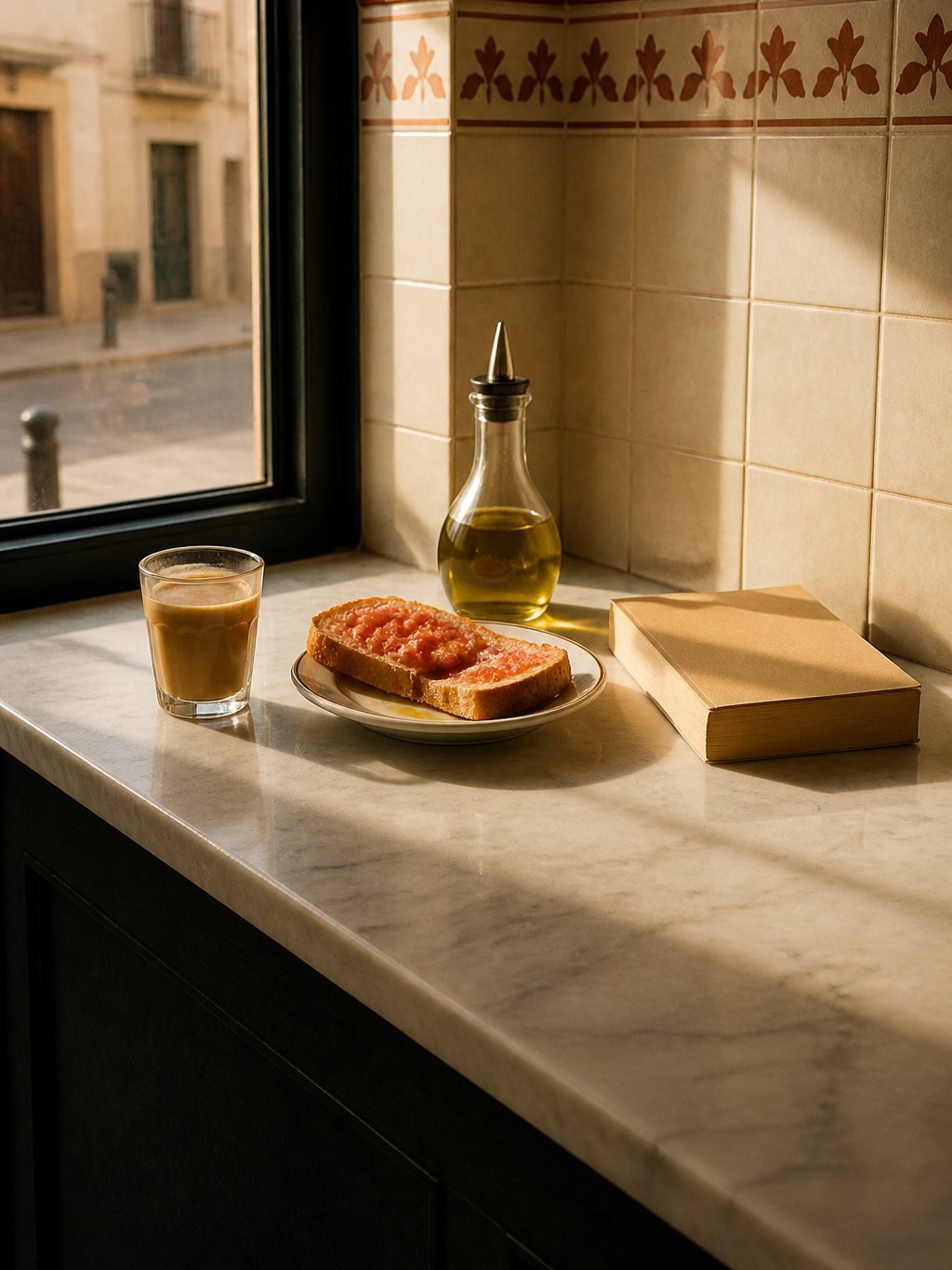 A glass of milky coffee, toast with tomato and olive oil, and a paperback book on a marble cafe counter by a sunny window