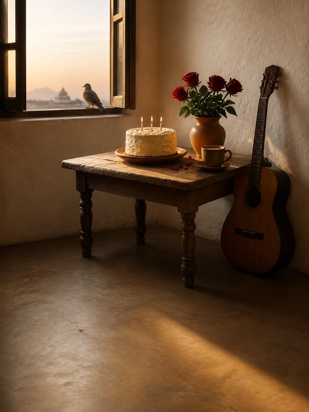 A birthday cake with lit candles, red roses in a clay vase and a guitar by a window at dawn