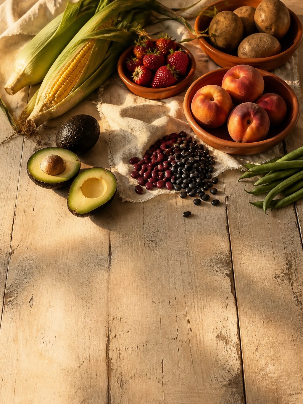 Halved avocados, ears of corn, beans, strawberries, peaches, potatoes and green beans on a wooden table