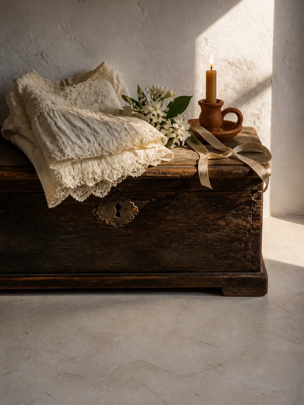 A folded cream lace christening gown, white jasmine, a lit candle and a ribbon on an old wooden chest