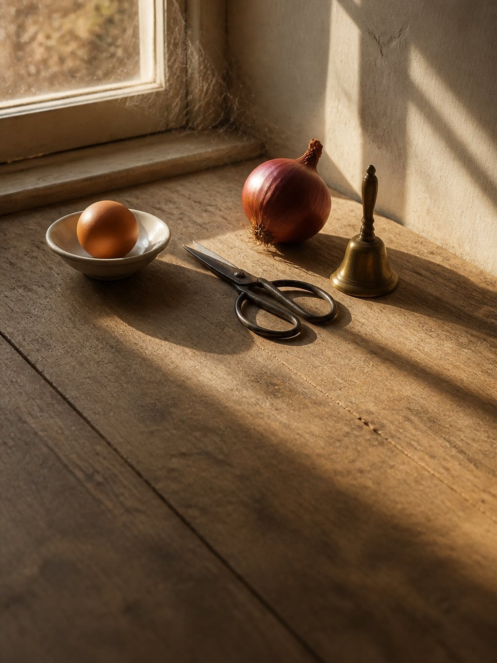 An egg, old iron scissors, a red onion and a brass bell on a sunlit wooden table